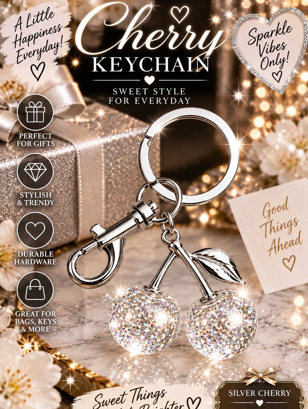 Silver & Clear Glittery Cherry Keychain Sparkle Charm!!